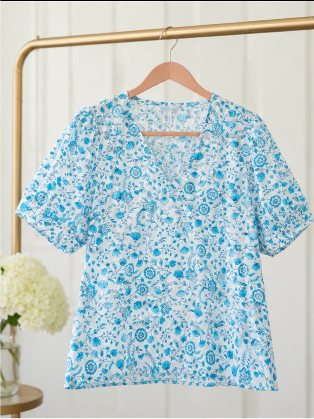 Draper James Blue & White Floral Puff Sleeve Blouse Size Large